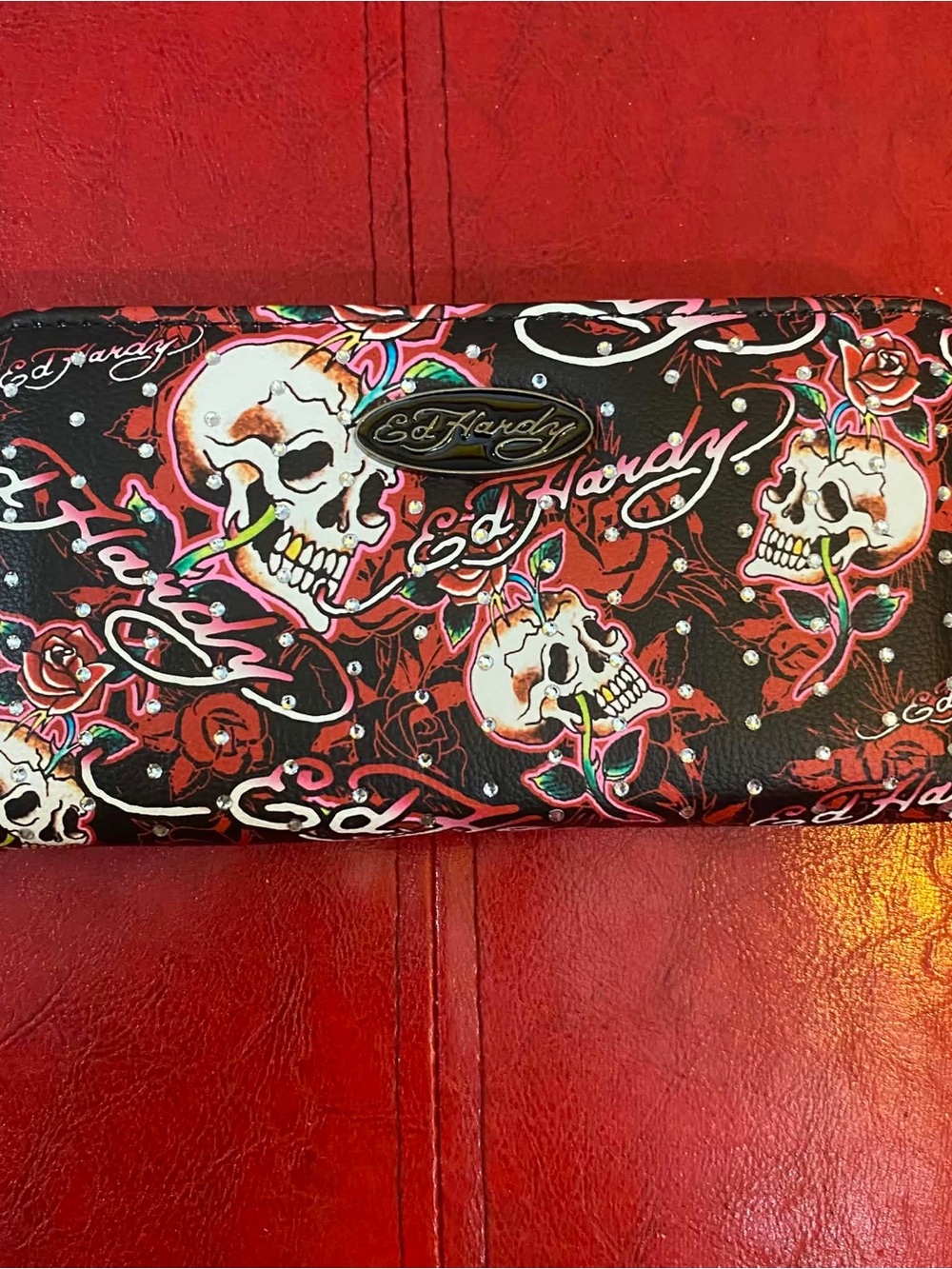 Ed Hardy Black Wallet with Red and Pink Skull Rose Print